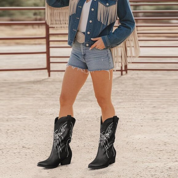 Women's Black Mid Calf Western Pointed Toe Embroidered Chunky Heel Cowgirl Boots - Picture 2 of 6